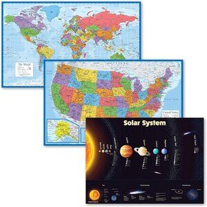 3 Pack - World & USA Maps + Solar System Poster Set